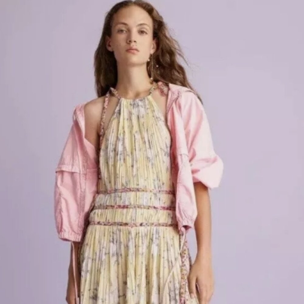 Rebecca Taylor Lemon Rose Goddess Pleat Floral Yellow Ties Midi Dress XS $495